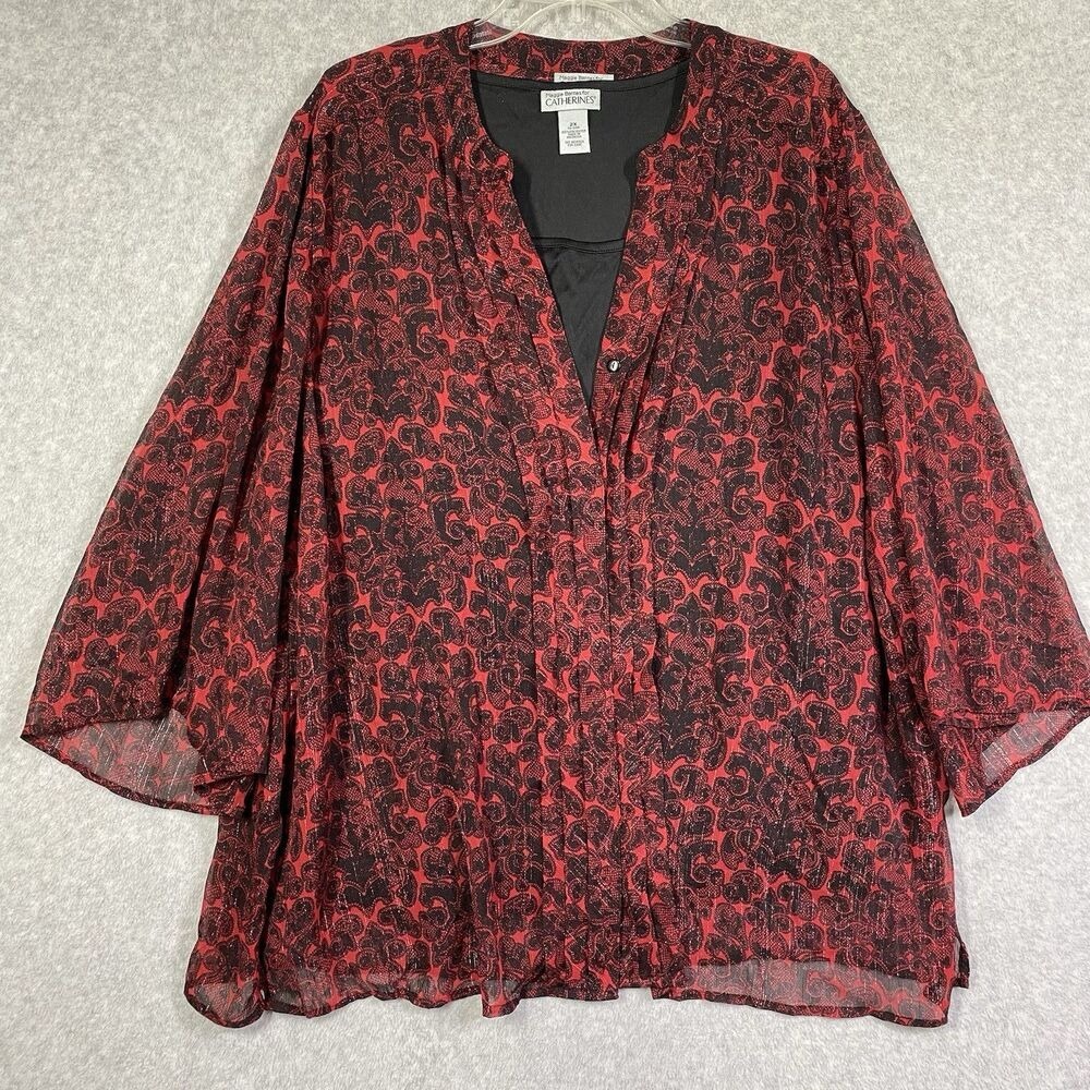 Catherines Blouse Women 2X Red Black Excellent Paisley Metallic Shimmer Layered